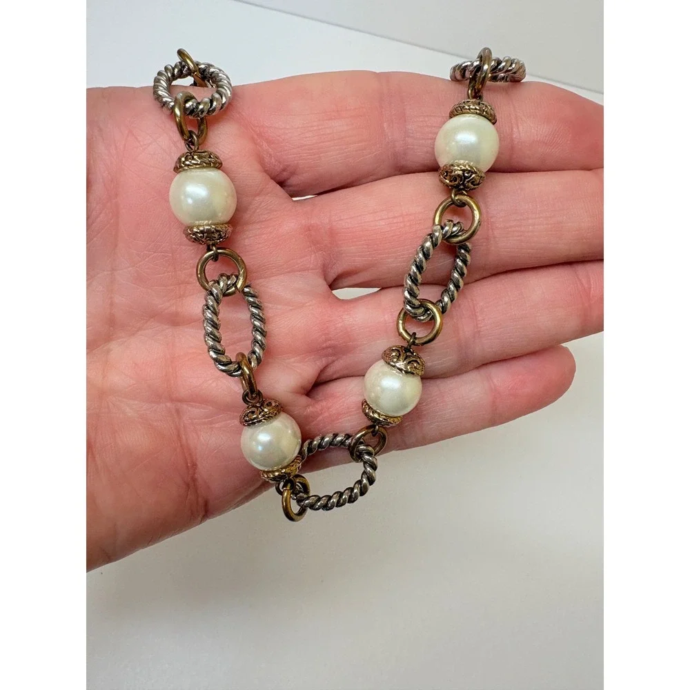 Premier Designs Mixed Metal Faux Pearl Rope Chain Link Necklace Two Tone
